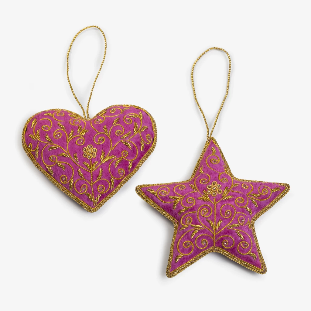 Zardozi-Baumschmuck Herz und Stern Pink