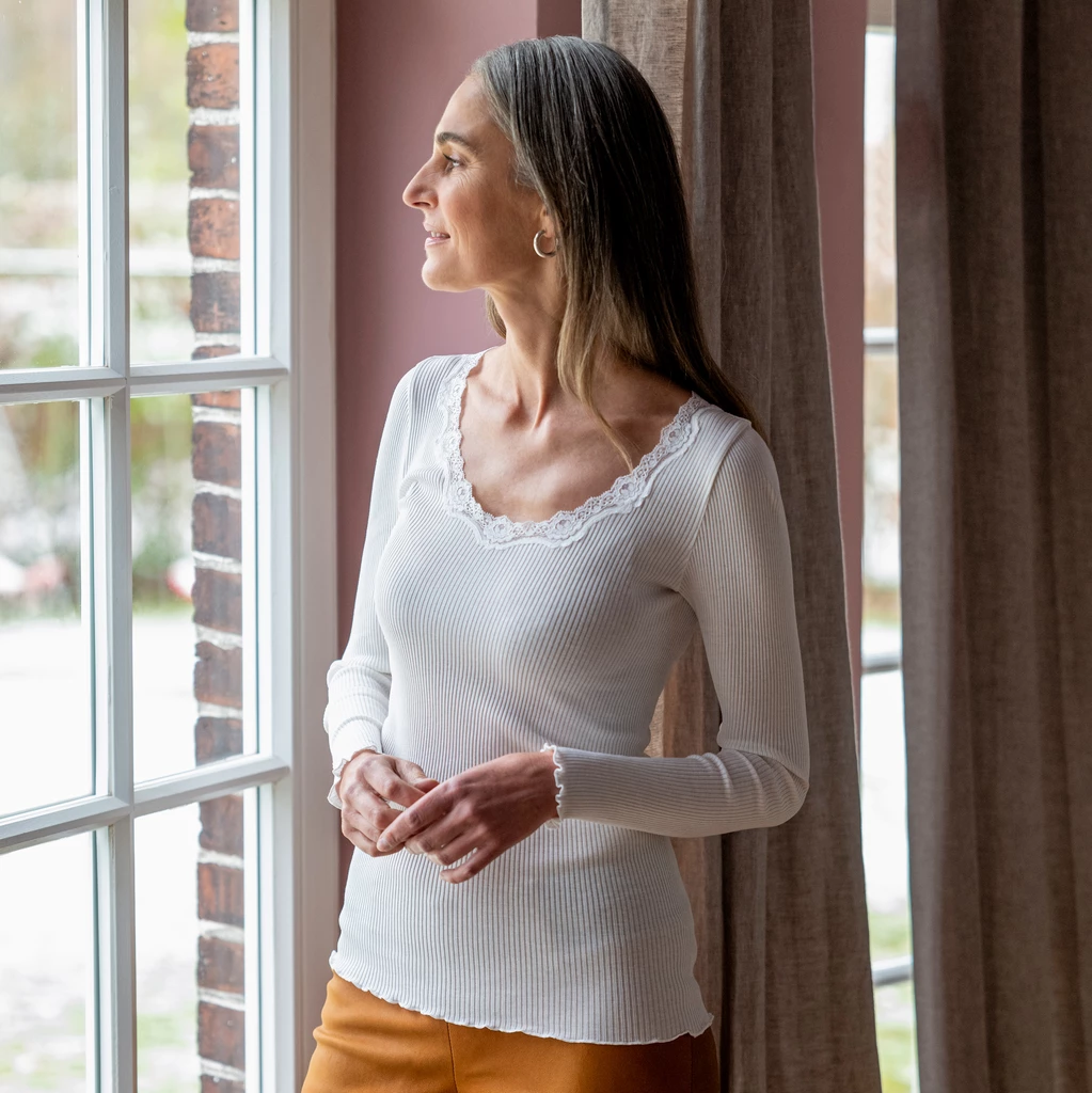 Rosemunde Langarm-Seidenshirt mit Spitze Babette