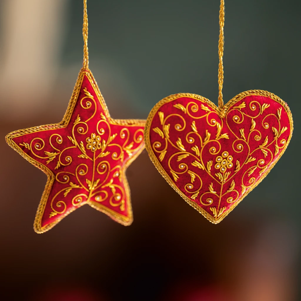 Zardozi-Baumschmuck Herz und Stern Rot