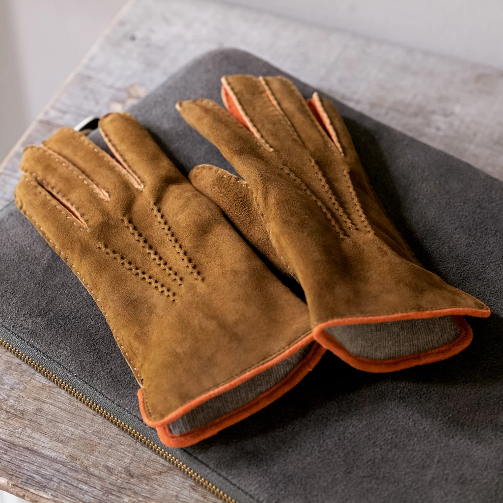 Damenhandschuhe Ziegenleder Kontrast Braun / Orange Gr. 6,5